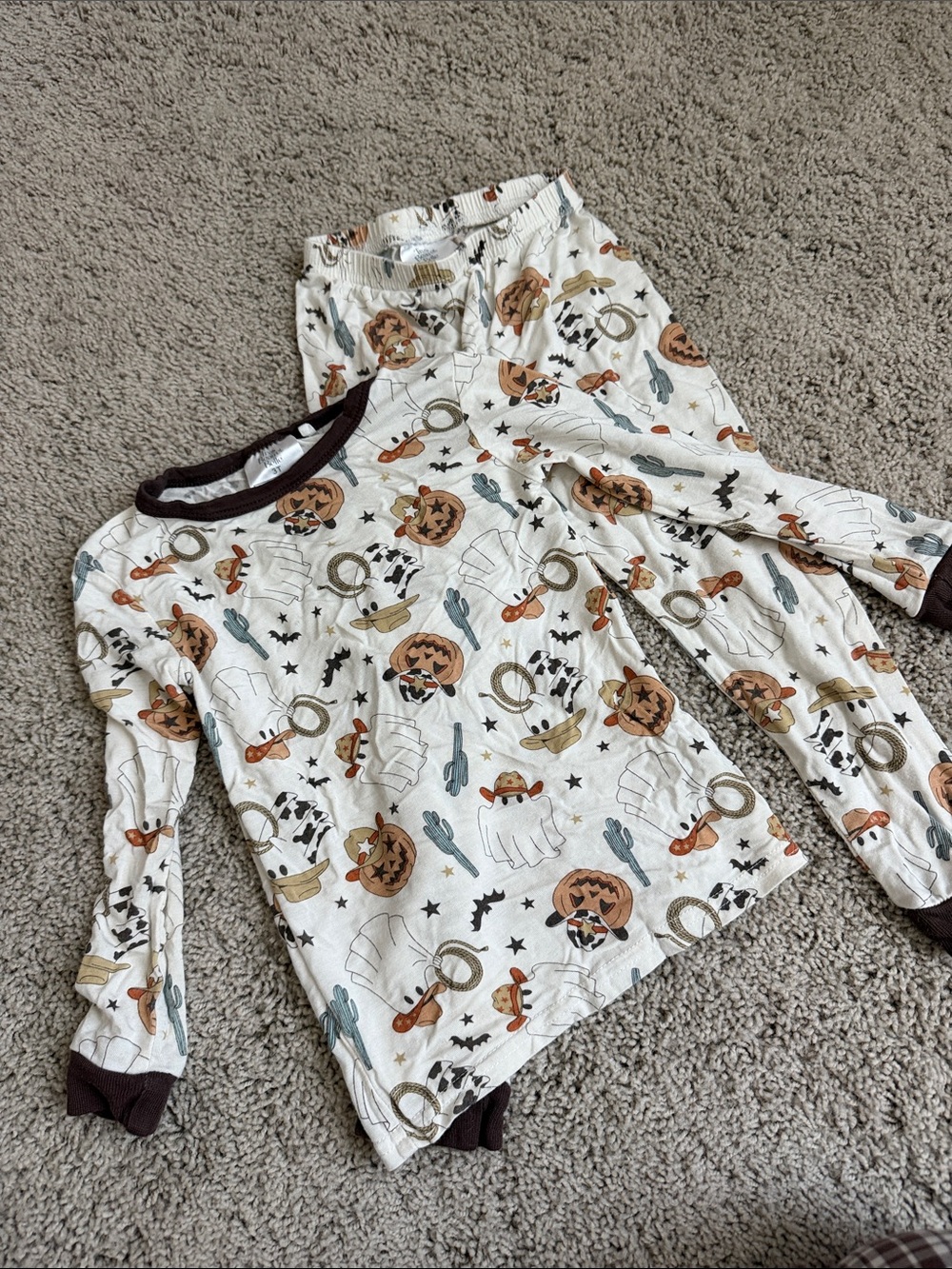 Kids Long-Sleeve Halloween Print Top in Cream with Brown Trim